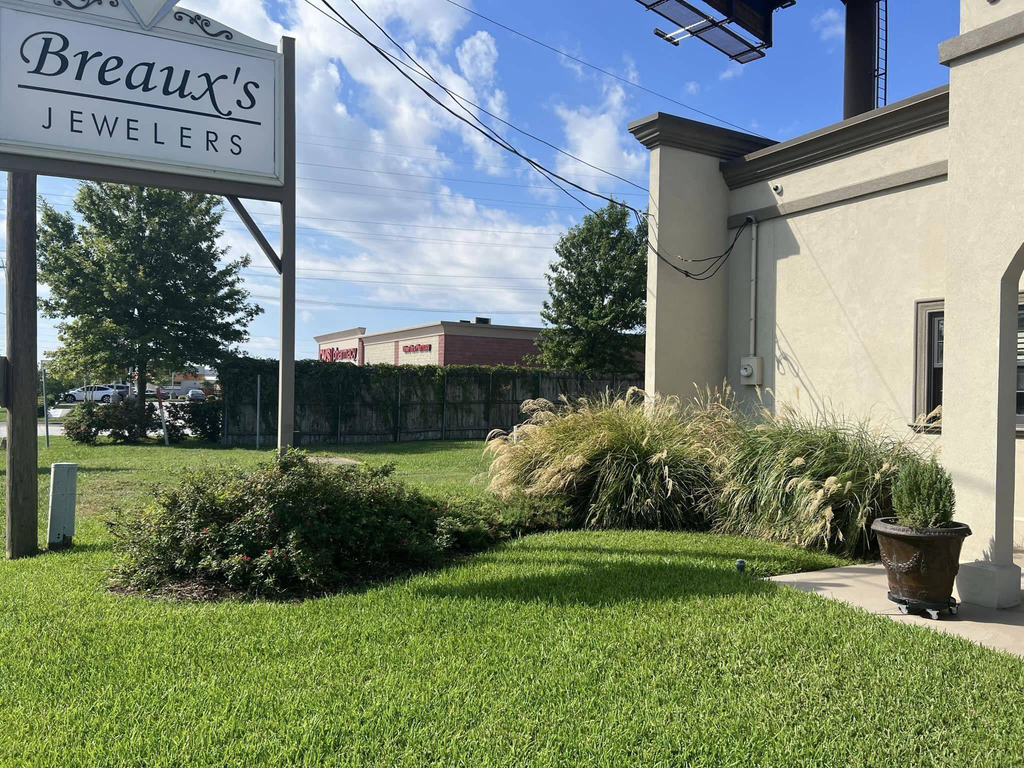 Overgrown grasses and shrubs in front of Breaux's Jewelers, awaiting a garden redesign to enhance the commercial storefront's appeal.
